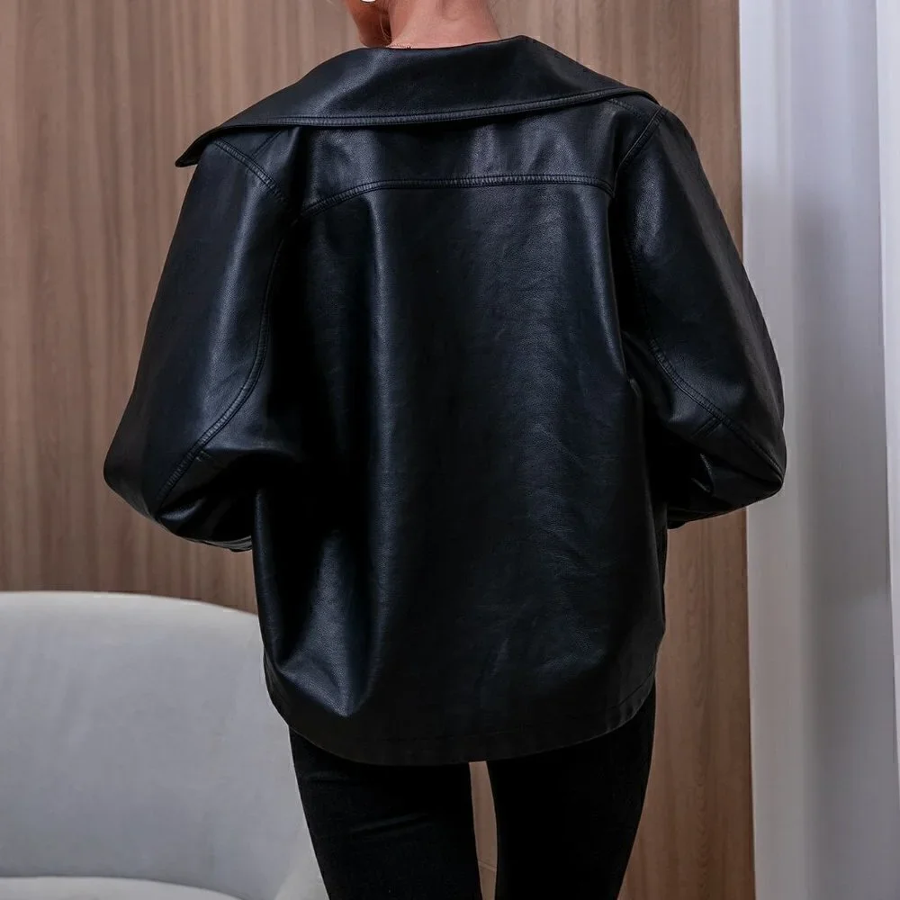 Black Casual Womens Flap Pocket Oversize PU Leather Jacket - Picture 2 of 5